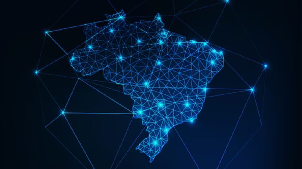 Mapa do Brasil com ícones de tecnologia e inovação espalhados, destacando o avanço digital no país