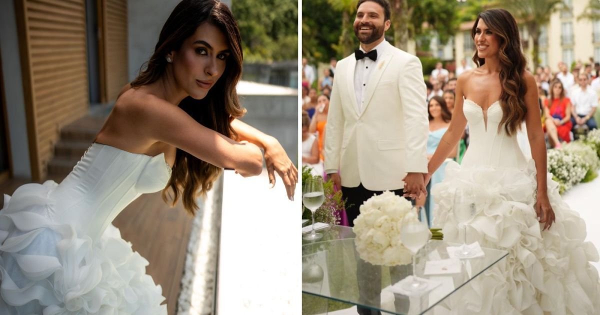 Humorista da "galera CLT" usa vestido de noiva com saia de apliques em 3D